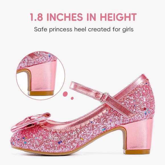 Girls Pink Sequins Cute Bow-knot Sparkle Mary Jane Flower Wedding Dress Shoes - Picture 4 of 7